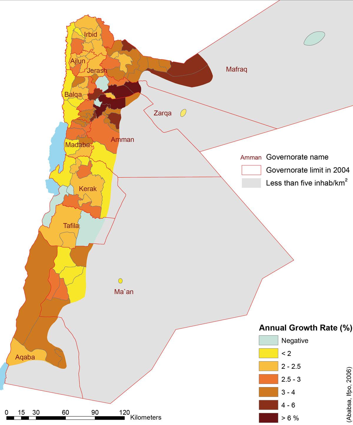 Jordanian väestöstä kartta - Kartta Jordanian väestöstä (Länsi-Aasia -  Aasia)