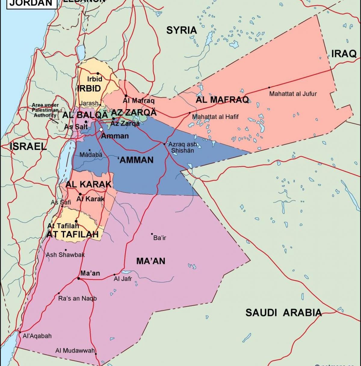 kartta Jordanian poliittinen